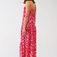 Floral Print Maxi Dress With v Neck in Pink