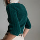 Dark Green Fluffy Knit Sweater With 3/4 Sleeves