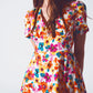 Short Dress With Cinched Waist in Multicolor Floral Print