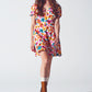 Short Dress With Cinched Waist in Multicolor Floral Print