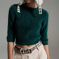Dark Green Fluffy Knit Sweater With 3/4 Sleeves