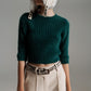 Dark Green Fluffy Knit Sweater With 3/4 Sleeves